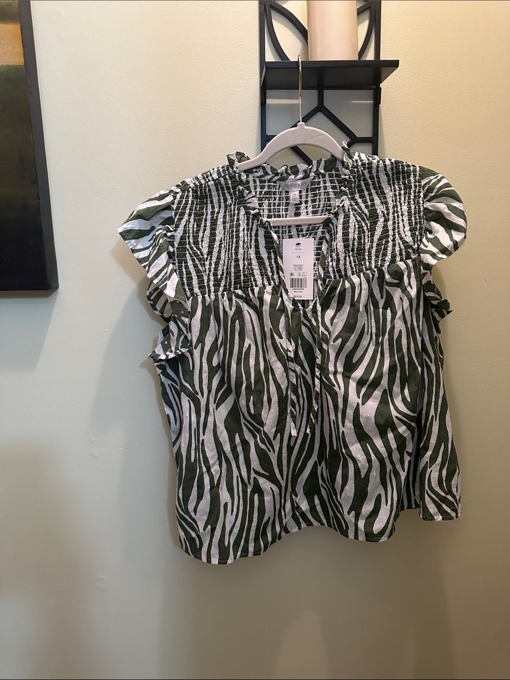 Crown Ivy Green Zebra-Print Flutter Sleeve Top